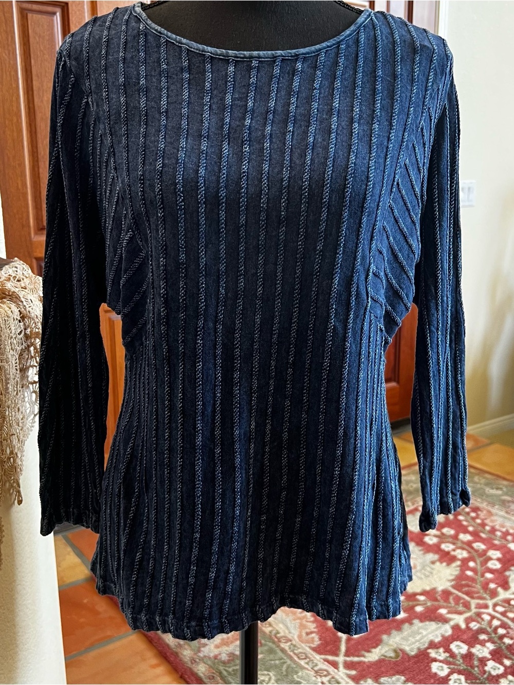 XCVI Womens Top Blue Ribbed Textured Stripe Tunic Size XS
